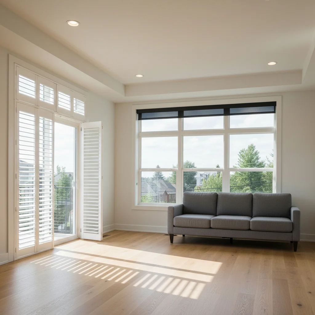 Same living room after plantation shutter installation with warm filtered light