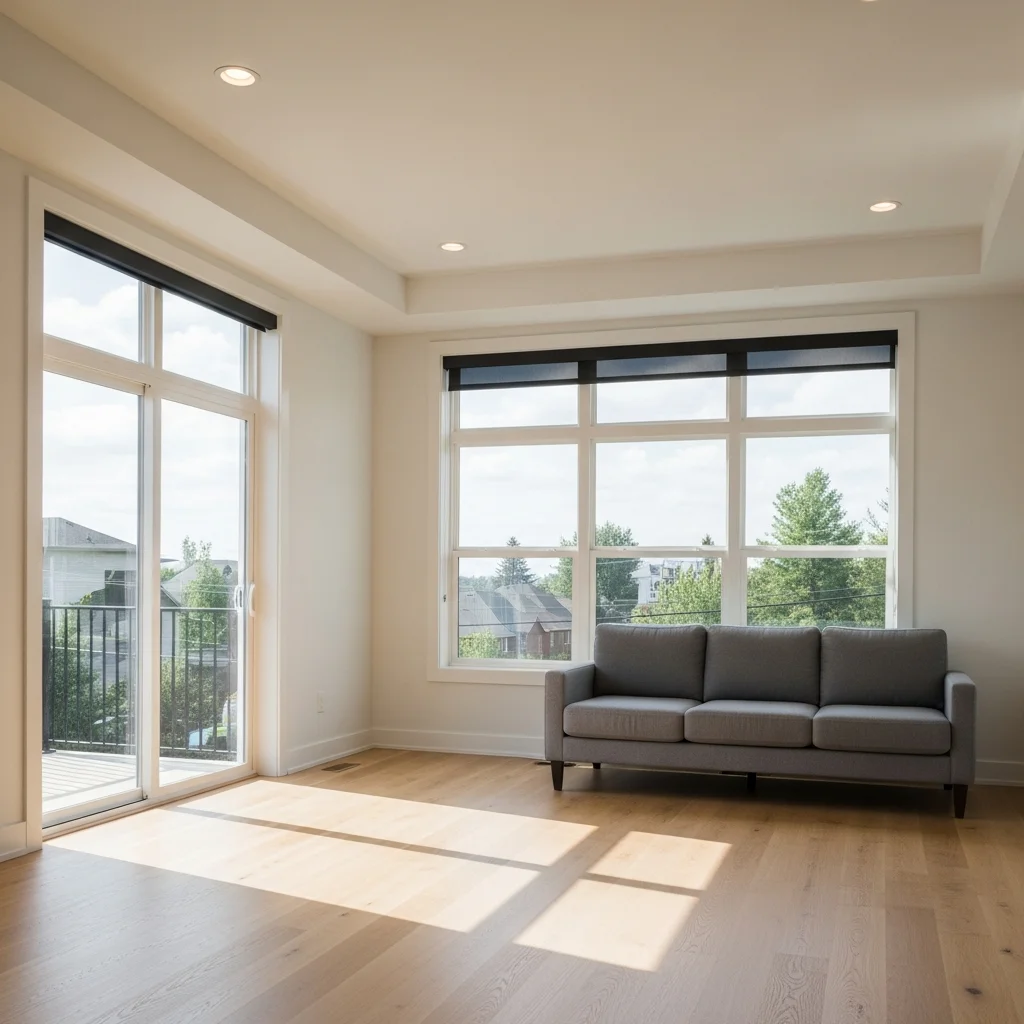 Living room with bare windows and harsh sunlight before window treatment installation