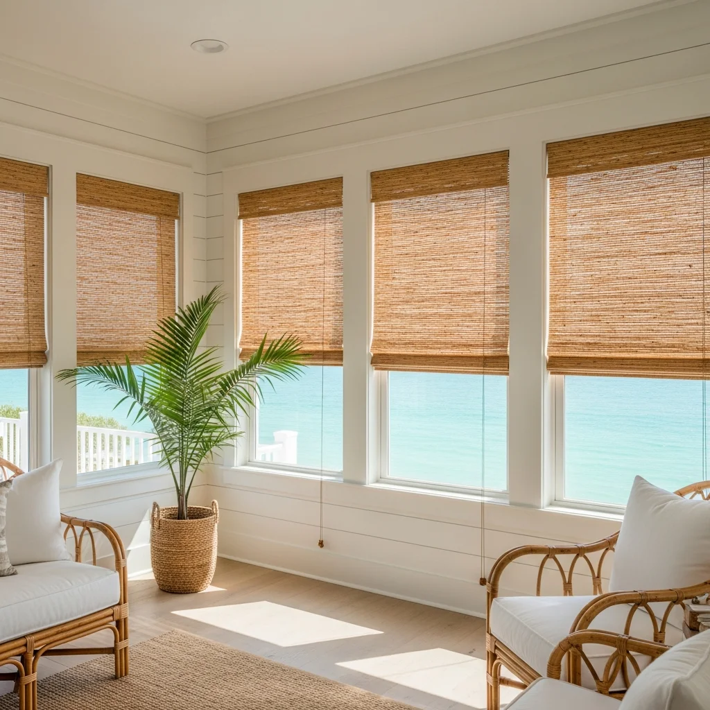 Bright coastal Florida sunroom with natural woven bamboo shades overlooking Gulf Coast waters