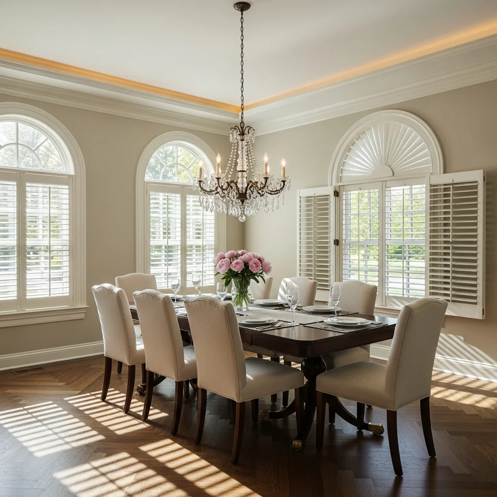 Beautiful dining room with arched plantation shutters