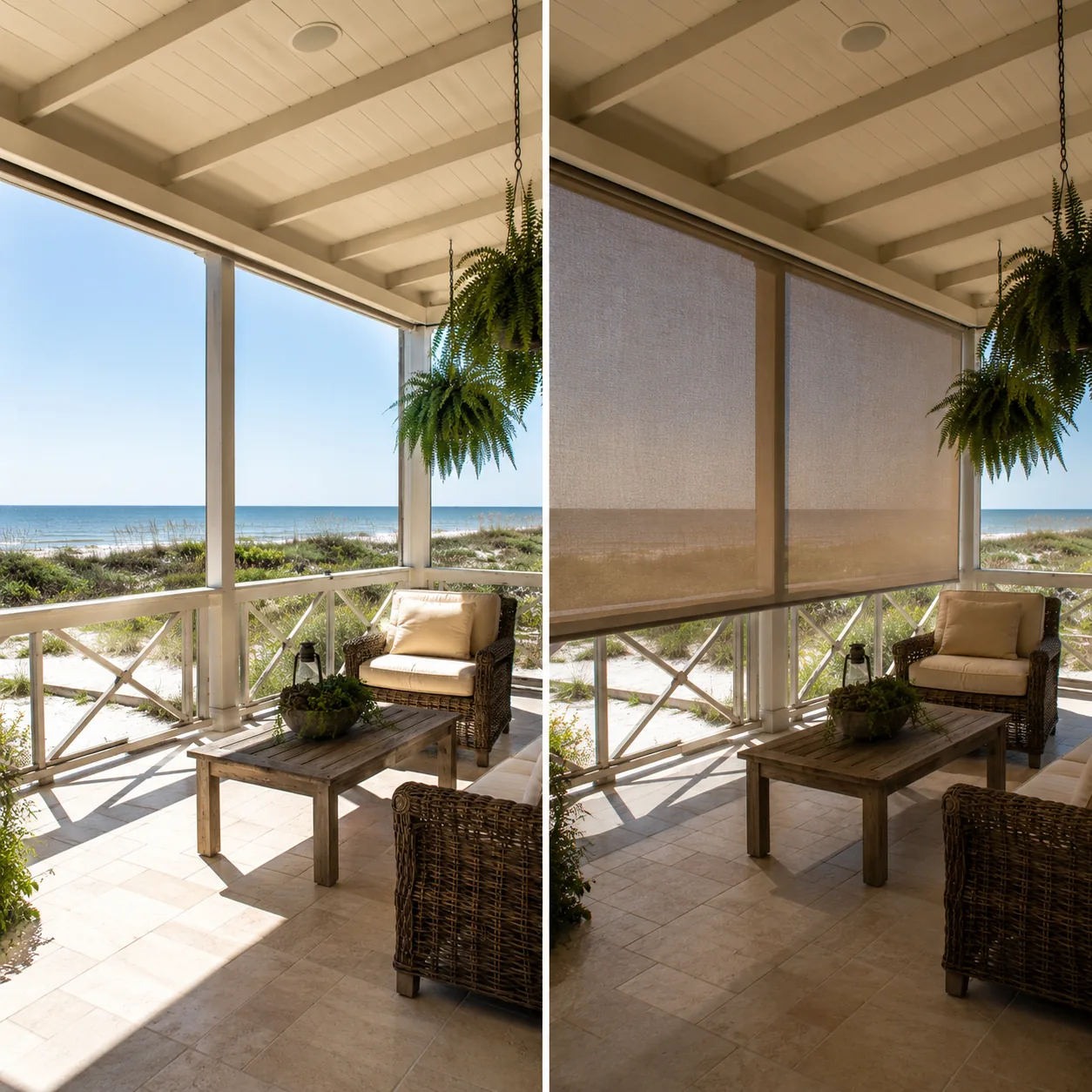 Before and after pair showing the same patio bare in harsh midday sun and again with an exterior roller shade deployed