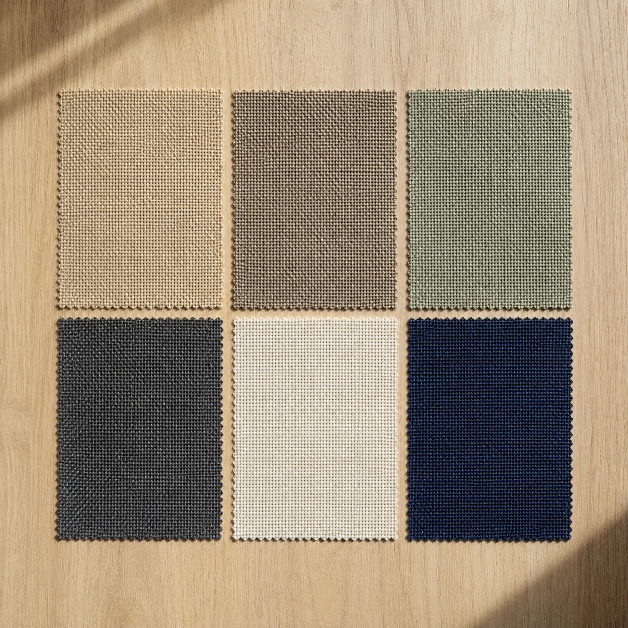 Top-down flat-lay of six exterior sun-screen fabric swatches in sand, taupe, sage, charcoal, ivory, and deep navy