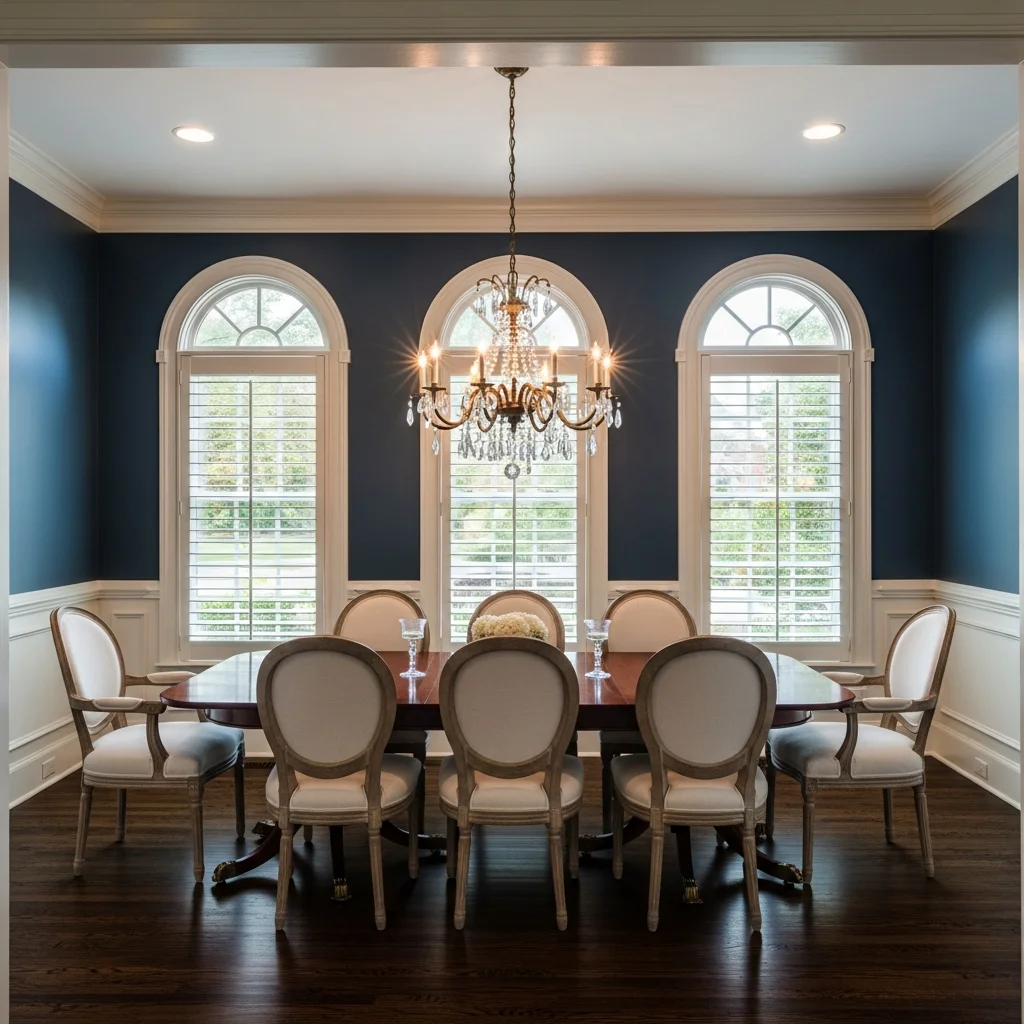 Elegant dining room with plantation shutters and crystal chandelier