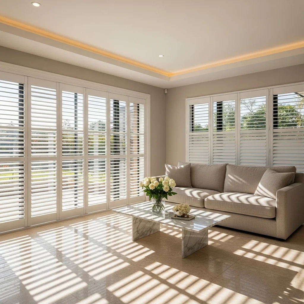 Elegant Greater Atlanta living room with custom plantation shutters filtering warm afternoon light