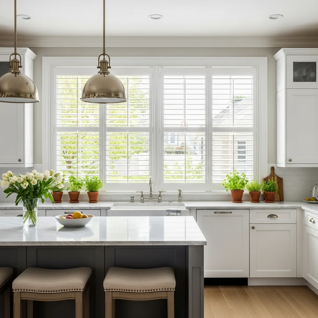 Bright kitchen with white plantation blinds