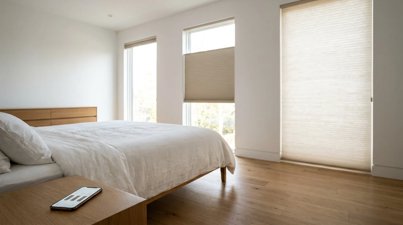 Primary bedroom with three motorized cellular shades at three different heights and a smartphone on the nightstand running a shade-control app.