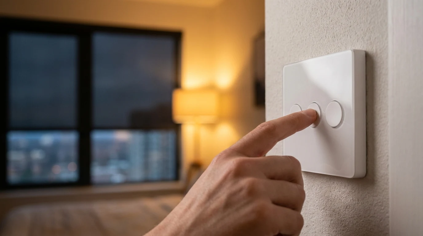 Close-up of a hand pressing the middle button of a slim white three-button wall keypad, with a motorized shade descending in the softly blurred warm background.