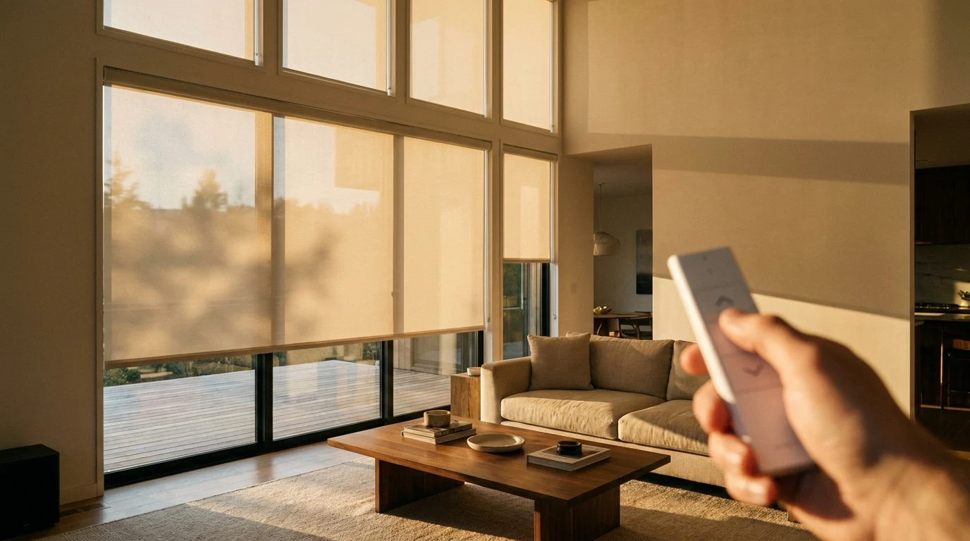 Hand holding a slim RF remote pressing the down button while a wall of motorized solar-screen roller shades stops at a preset height, warm golden-hour light coming through.