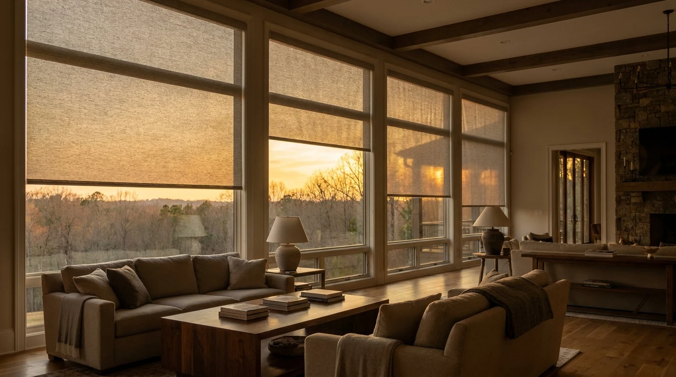 Great-room windows with four motorized solar-screen shades running a coordinated sunset scene at slightly different heights, warm amber light behind them.