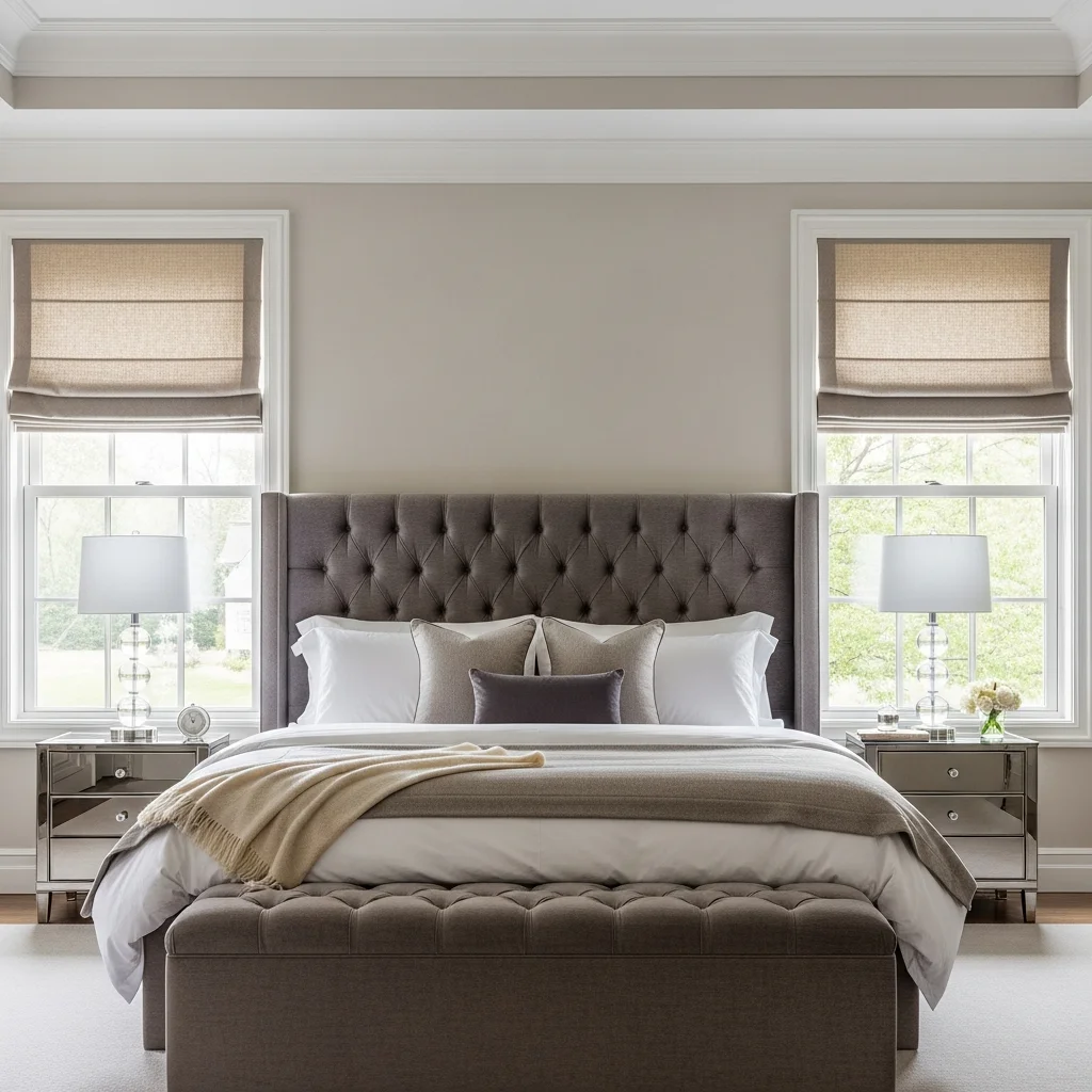 Elegant Roman shades with sophisticated fabric design