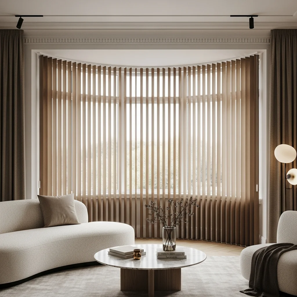 Contemporary living room with vertical blinds