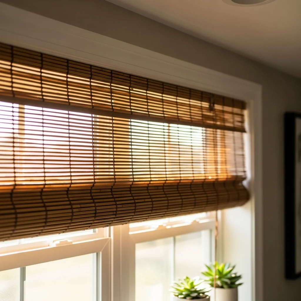 Natural woven wood shades with organic bamboo texture