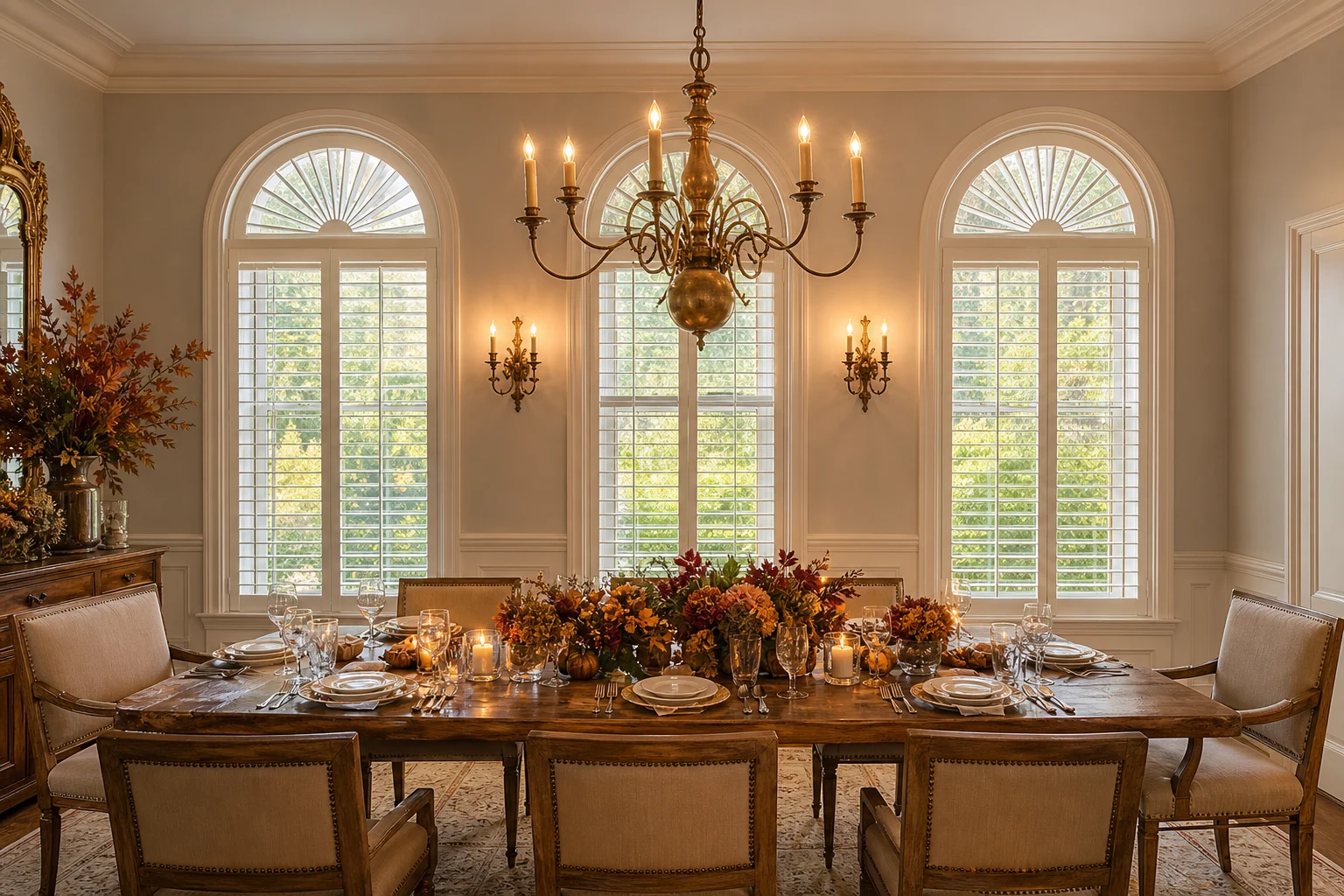 Custom basswood plantation shutters in a classic dining room