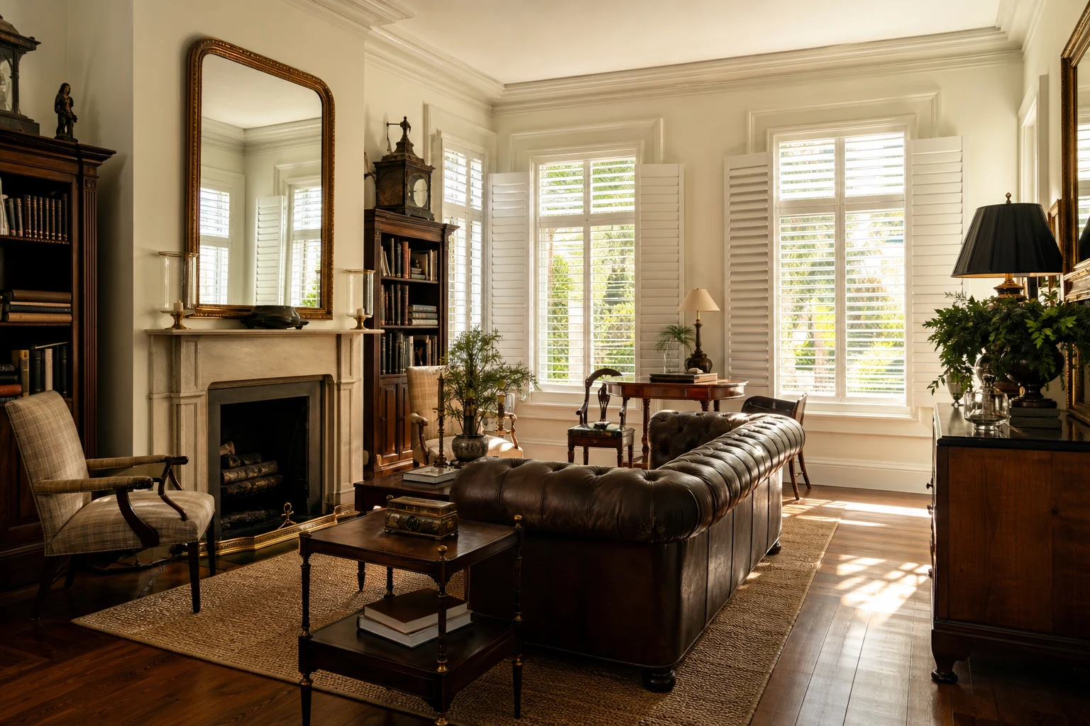 A Georgia living room with custom plantation shutters