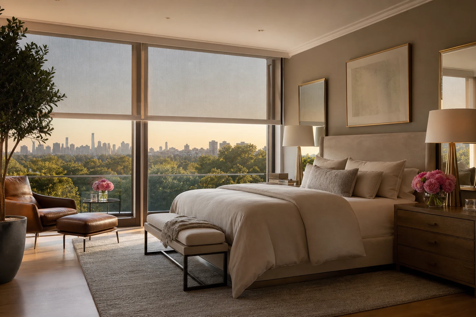 Motorized roller shades in a master bedroom