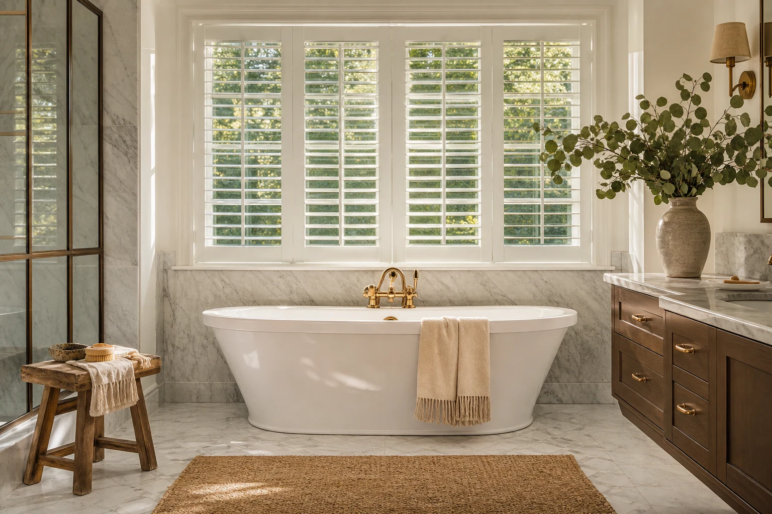 Spa-like primary bathroom with custom poly plantation shutters and brass fixtures