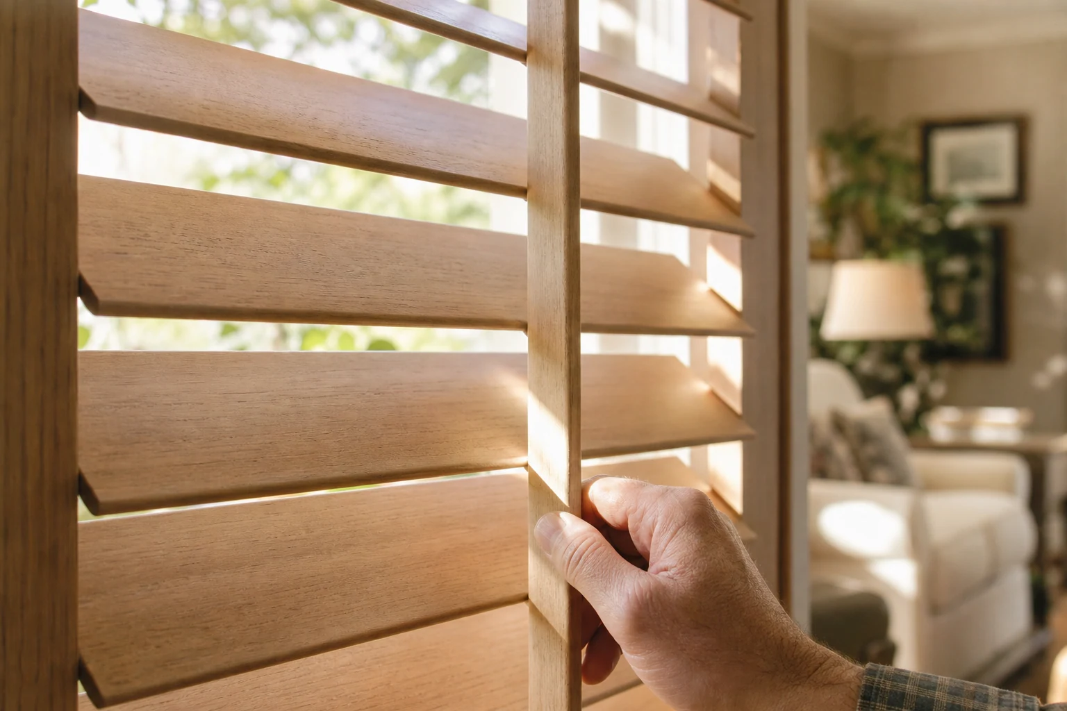 A craftsman's hand on the tilt rod of a custom basswood plantation shutter