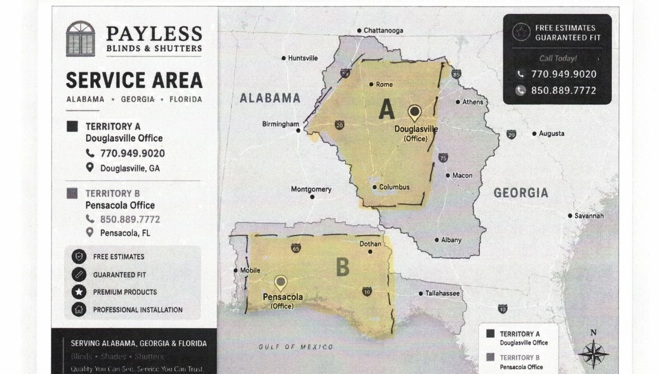 Payless Blinds & Shutters sales territory map of Georgia, Alabama, and Florida showing Area A (Greater Atlanta, west Georgia, east Alabama — Douglasville dispatch) and Area B (Florida Panhandle, south Alabama — Pensacola dispatch) as cross-hatched zones.