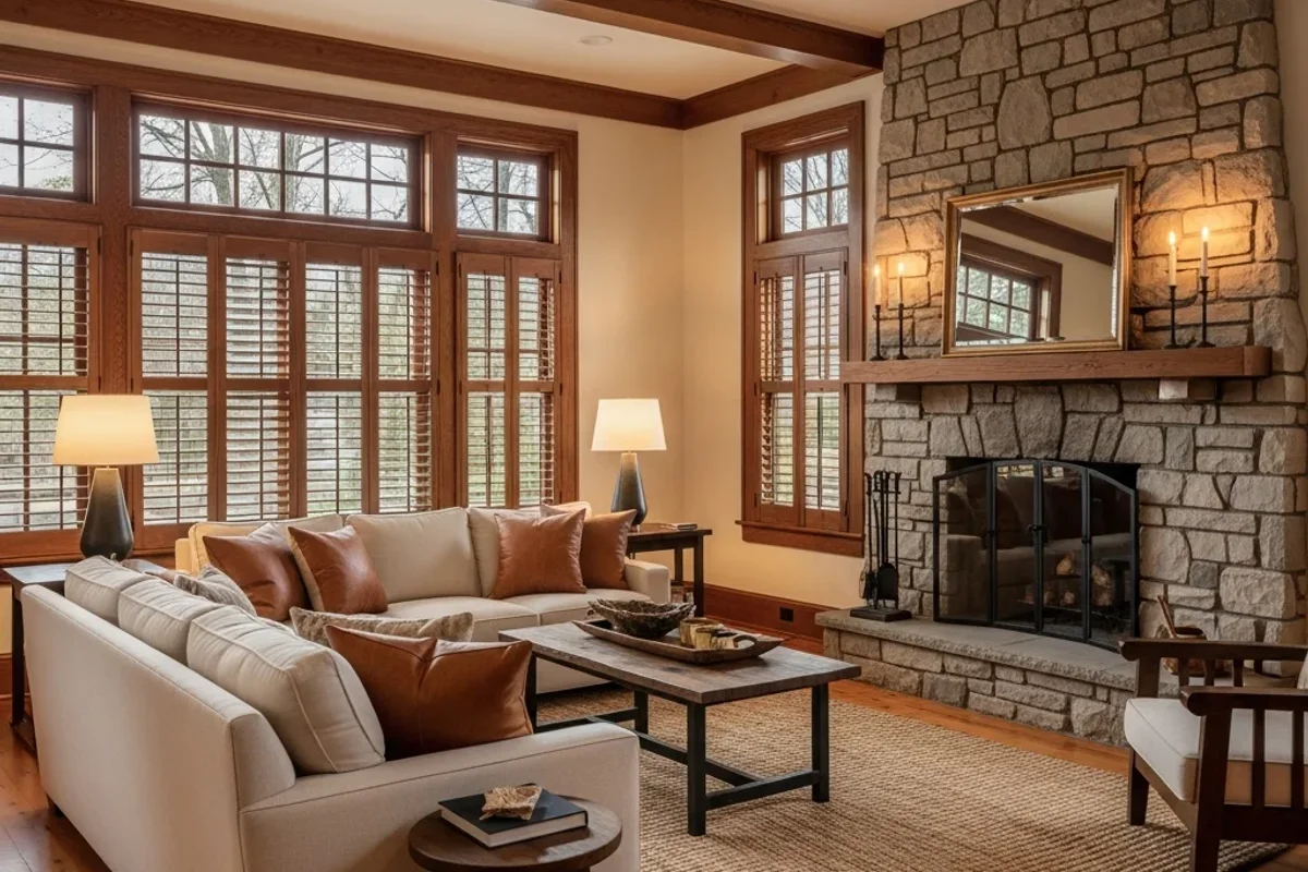 Rustic Living Room Plantation Shutters in Cartersville