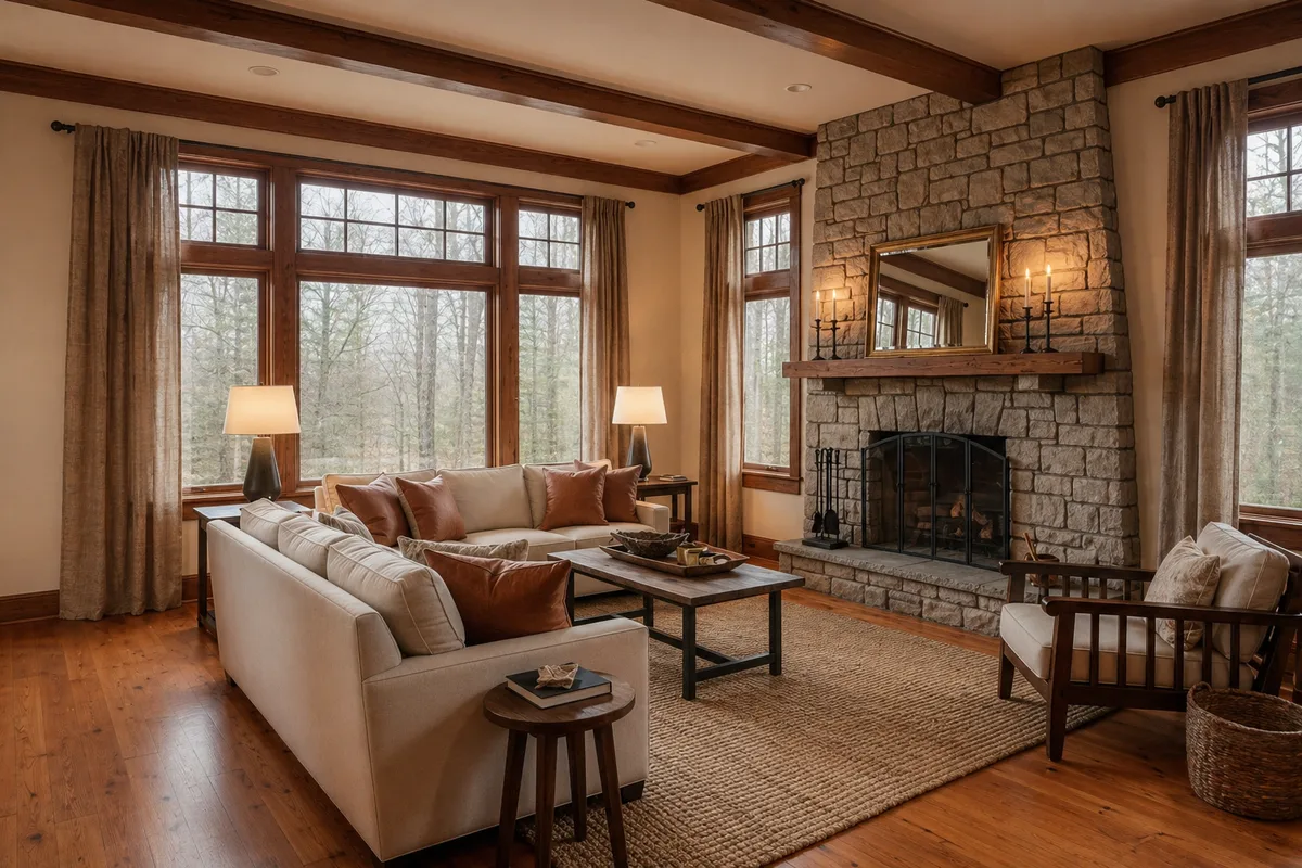 Rustic Living Room Plantation Shutters in Cartersville -- before
